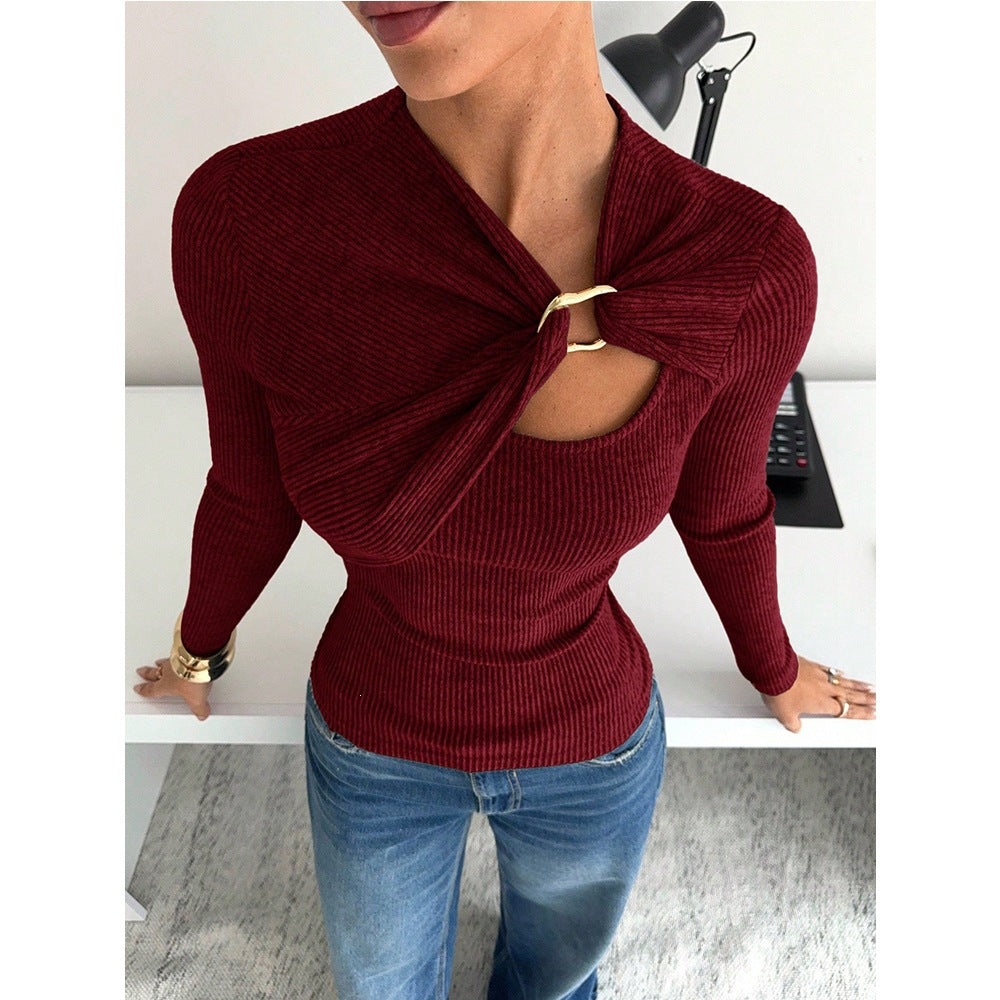 Solid Ribbed Top Sweater Trendy Cutout Long Sleeve Slim Fit