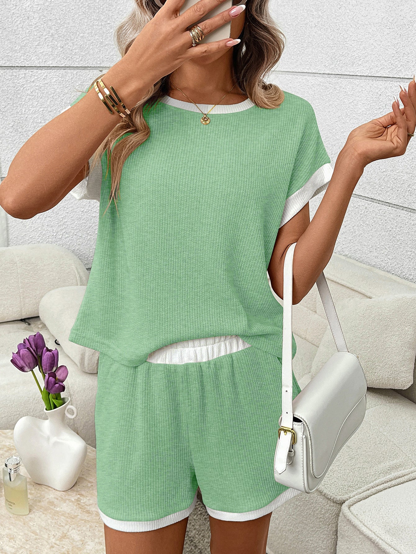 Womens Lounge Set Short Sleeve Top and Shorts Casual Set