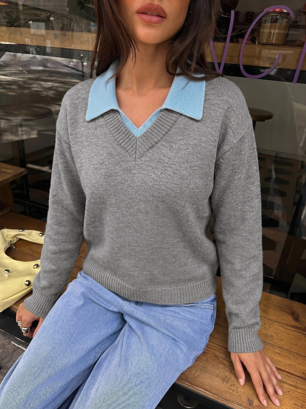 Women's Collared Layered Color Block Knit Sweater
