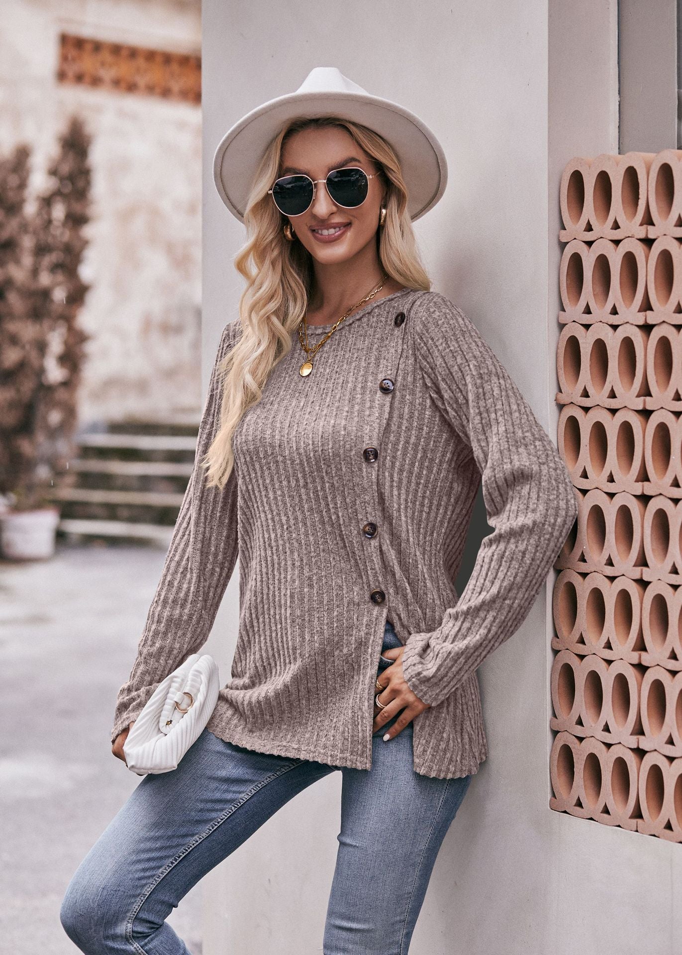 Women's Solid Color Crew Neck Slit Button