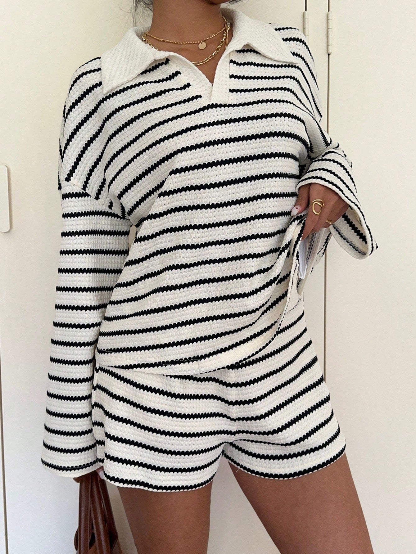 Striped Polo Lounge Set Resort Textured Collared Oversized