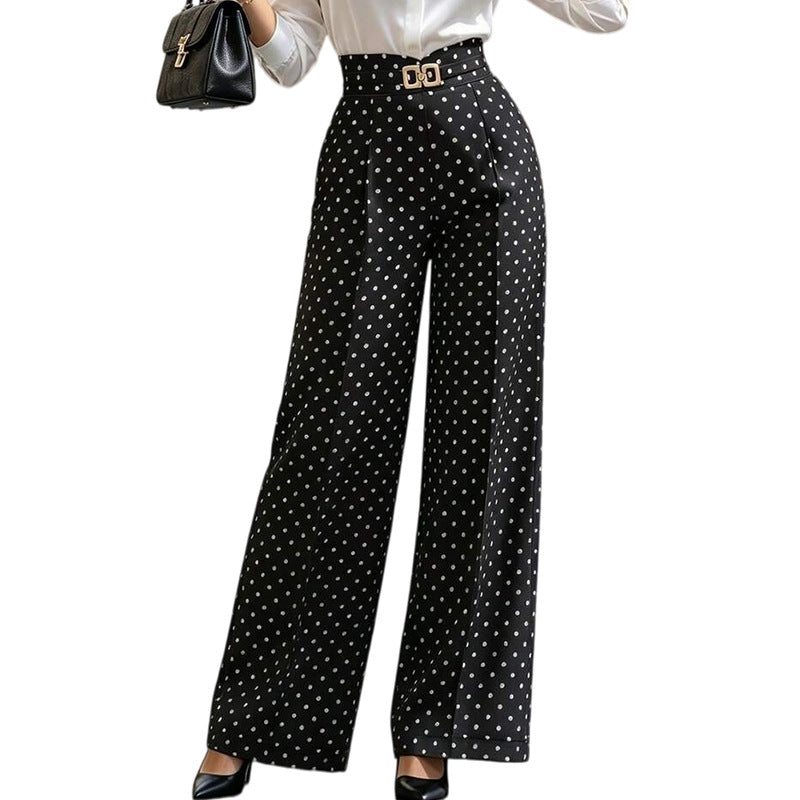 Women's Polka Dot High Waisted Wide Leg Black Dress Pants