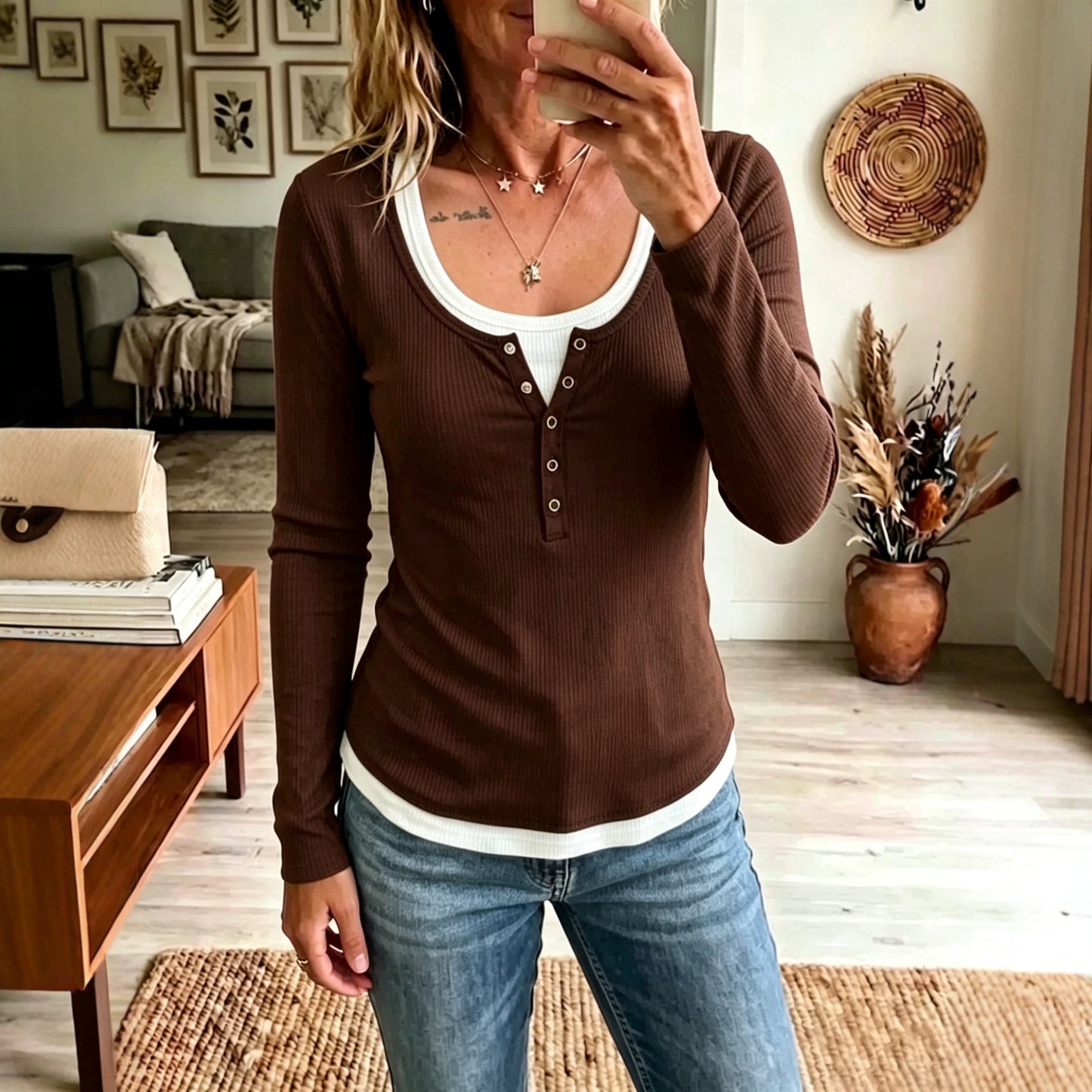 Ribbed Henley Top Layered Look Long Sleeve