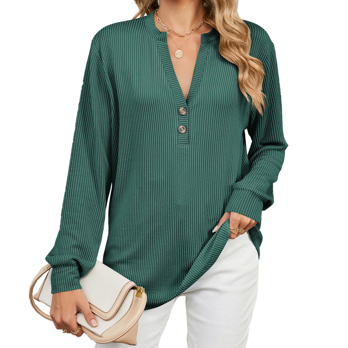 Women's Loose V Neck Button Long Sleeve Ribbed Top
