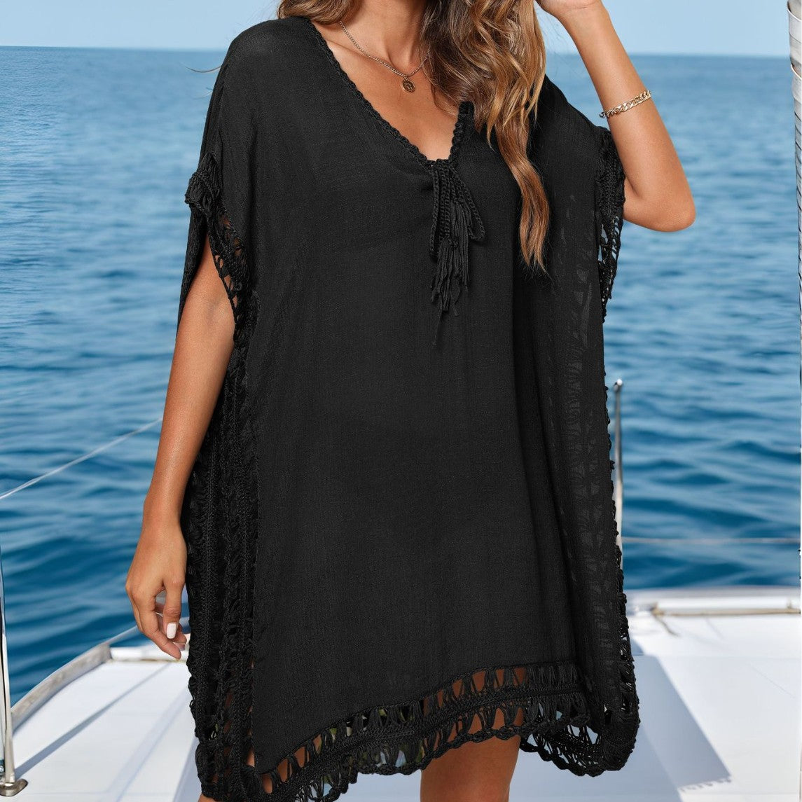 Crochet Trim Kaftan Beach Cover Up Tie Neck Dress