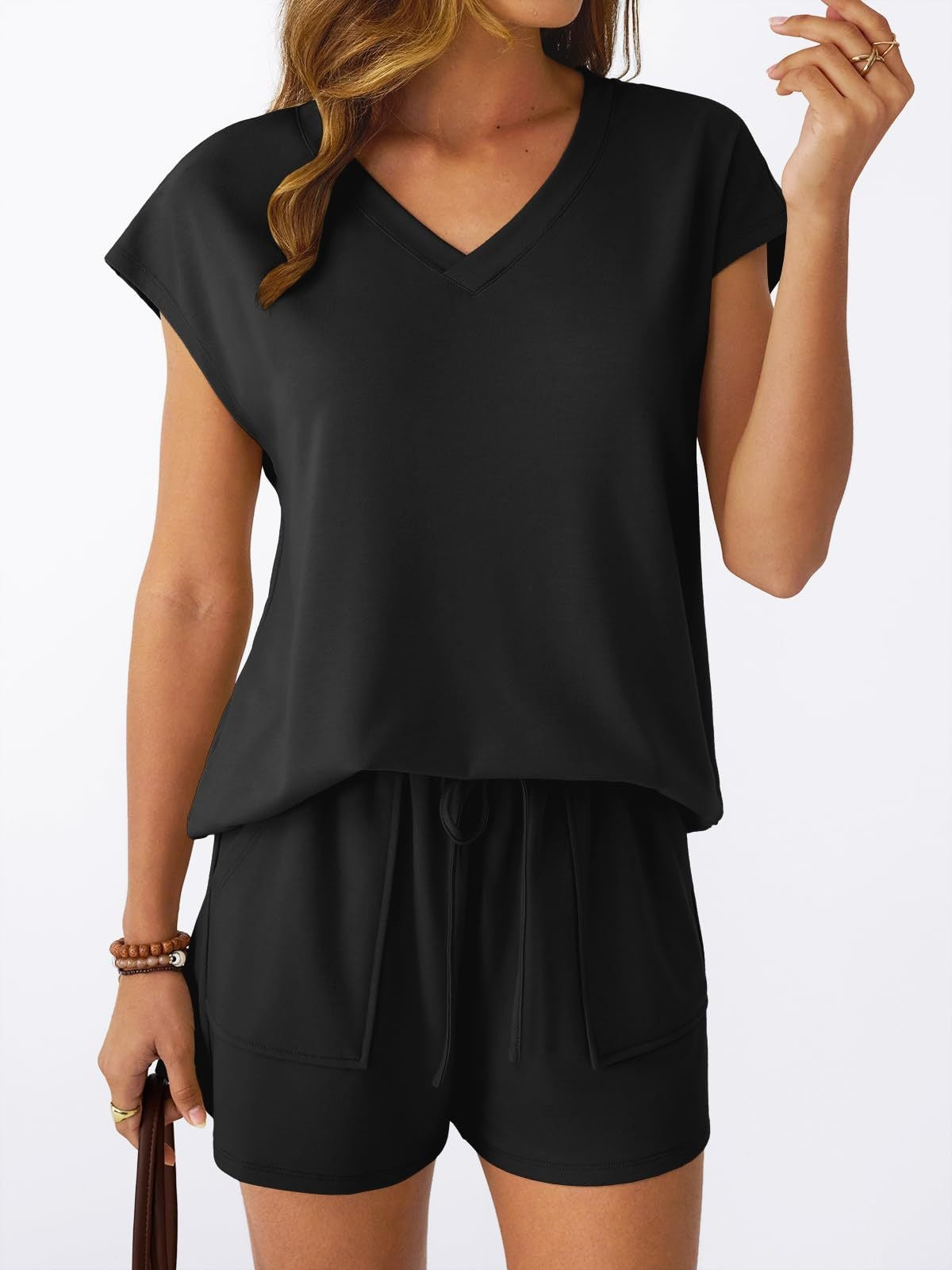 Women’s V Neck Short Sleeve Top and Drawstring Shorts Set Casual Summer Lounge Outfit