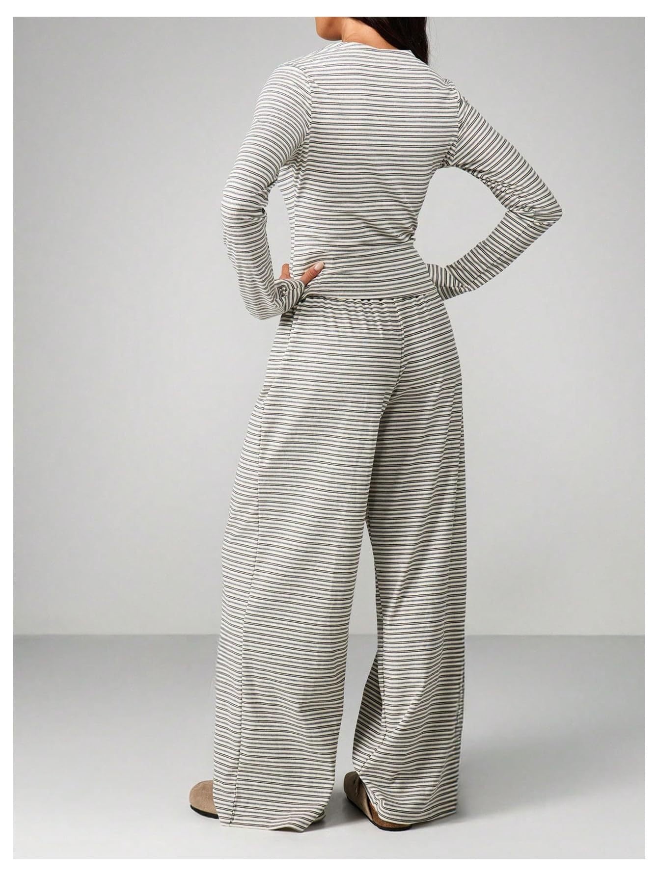 Striped Lounge Set Long Sleeve Top & Pants Soft Casual Outfit