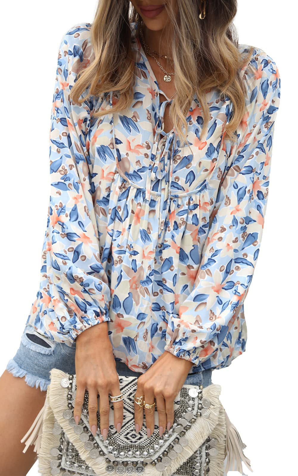 Floral Tie Neck Blouse Ruffle Long Sleeve Relaxed Fit