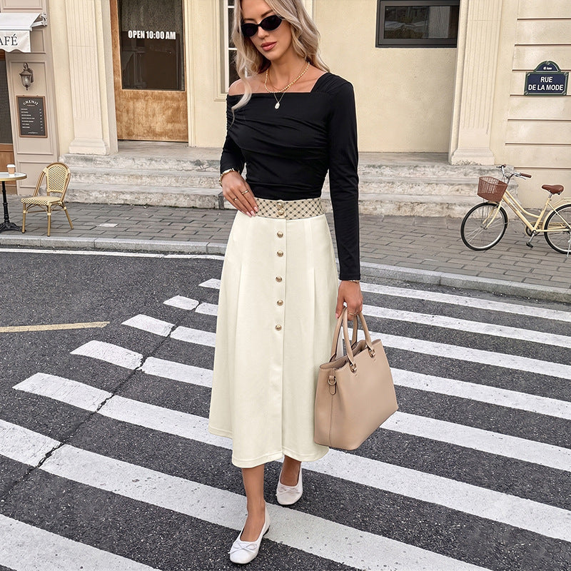 Vintage High Waist A-Line Midi Skirt Plaid Button Front Work
