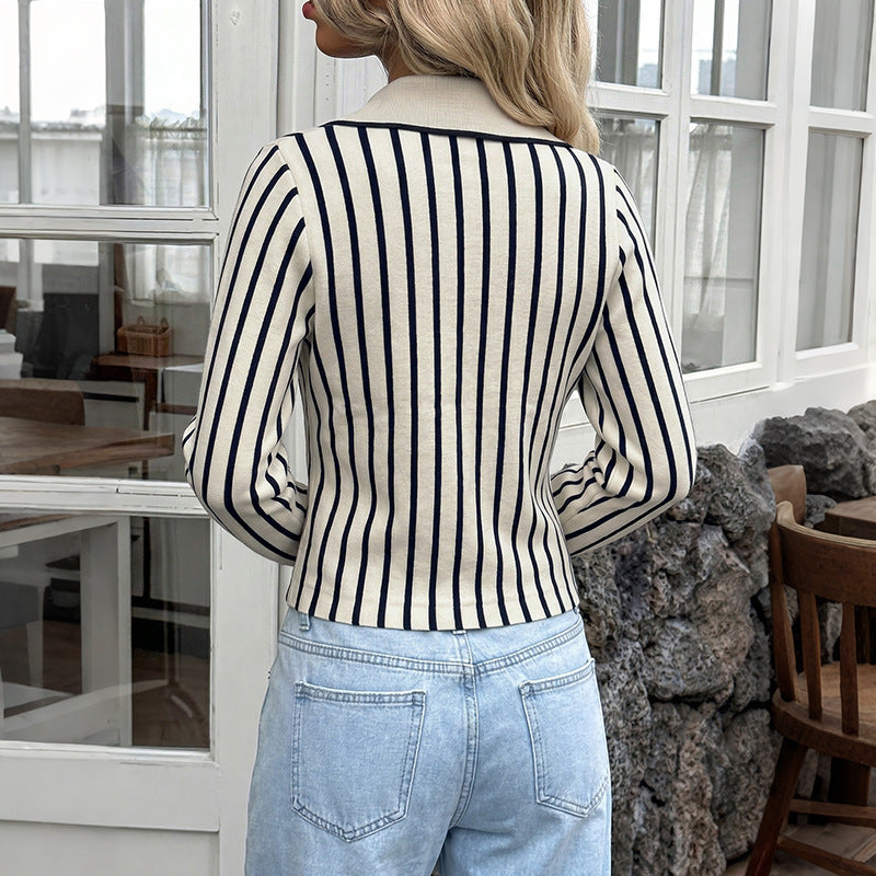 Striped Knit Cardigan Collared Button Front Slim Fit