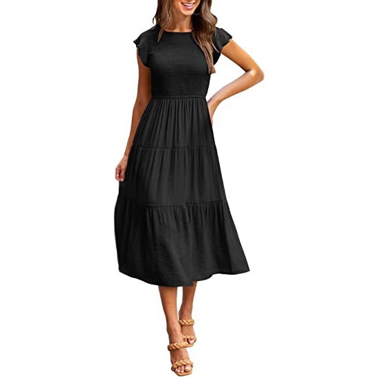 Smocked Waist Flutter Sleeve Tiered Midi Dress for Women