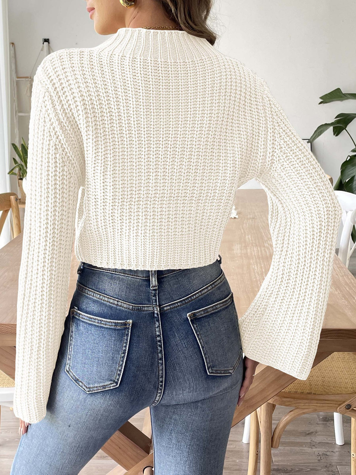 Women's Cropped Mock Neck Bell Sleeve Knit Sweater