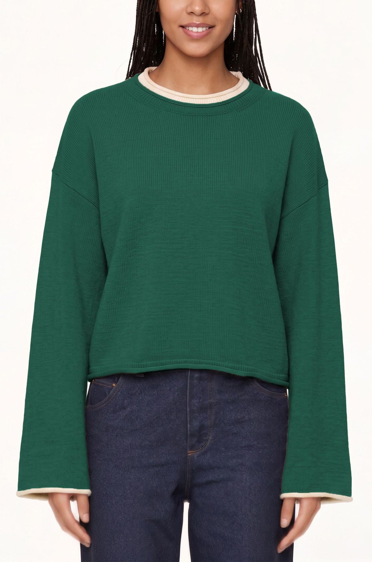 Women's Contrast Trim Crew Neck Oversized Knit Sweater