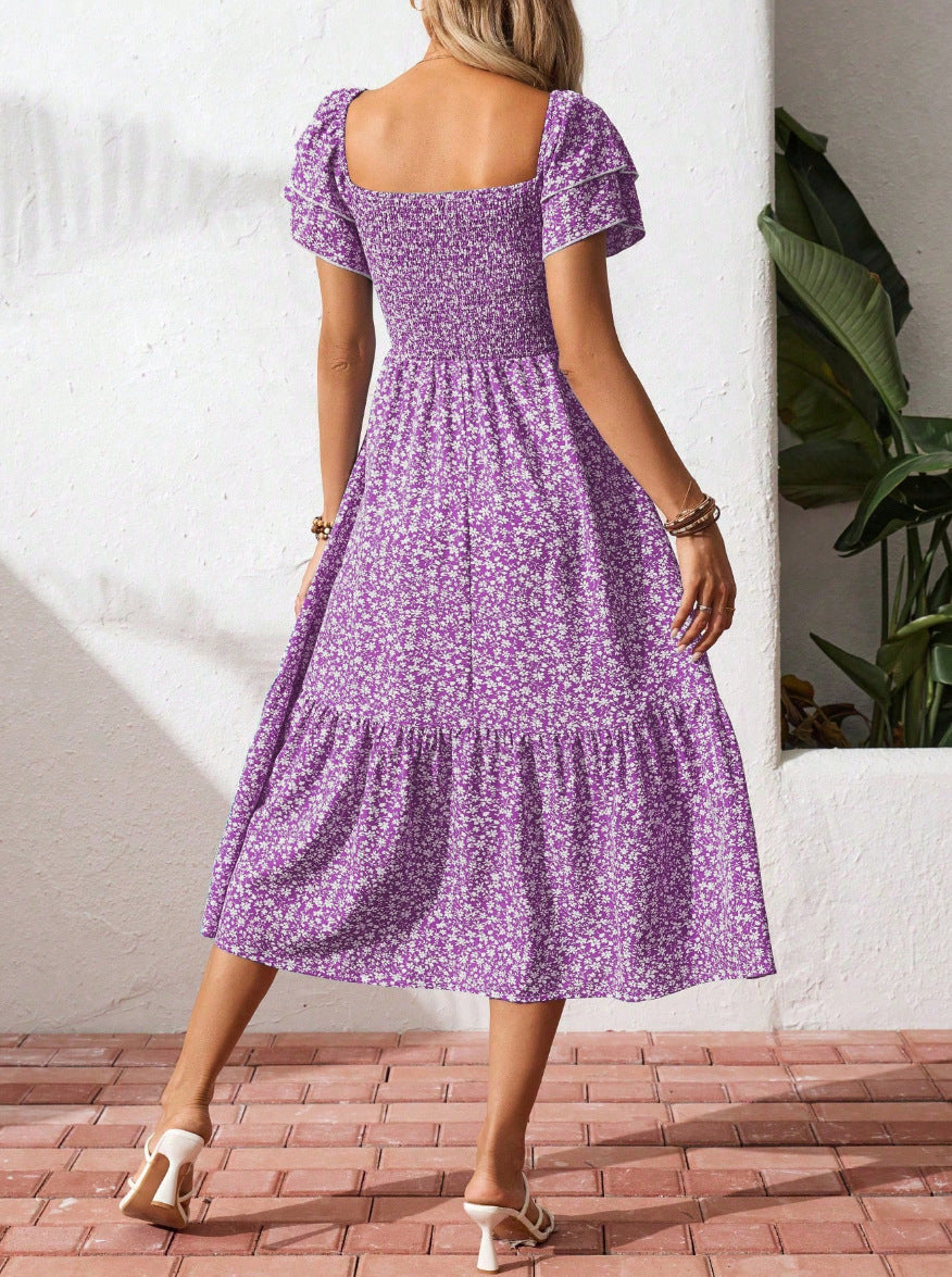 Floral Square Neck Smocked Short Sleeve Maxi Summer Dress
