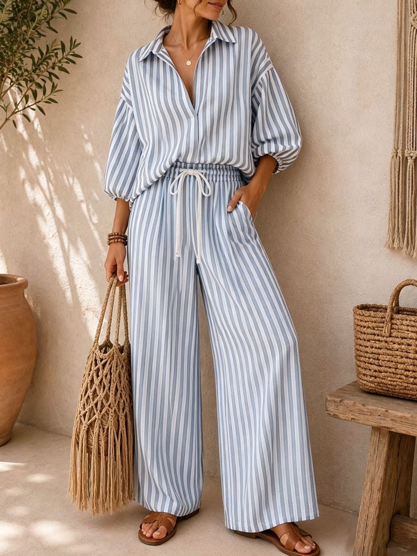 Striped Button Down Shirt & Wide Leg Pants Set