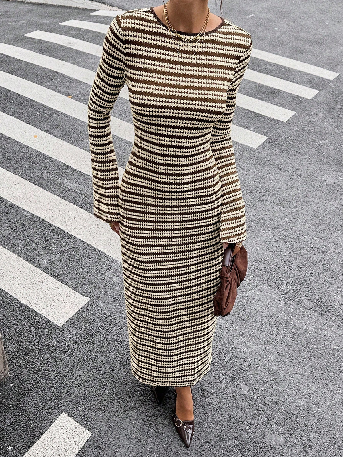 Striped Bell Sleeve Open Back Knit Maxi Dress