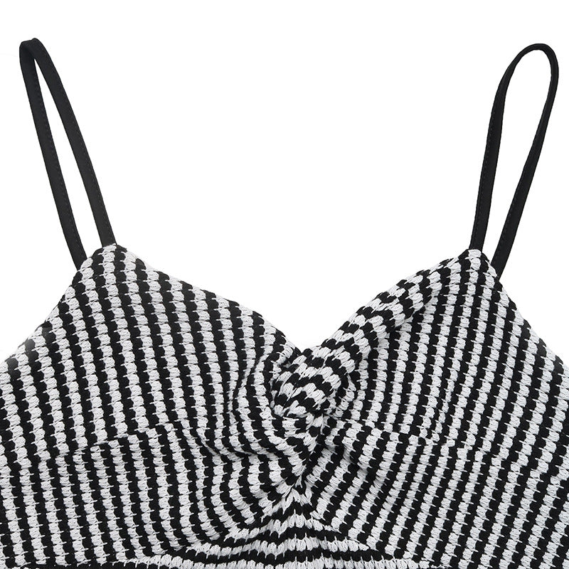 Retro Striped Knot Front Sleeveless Backless Romper for Women