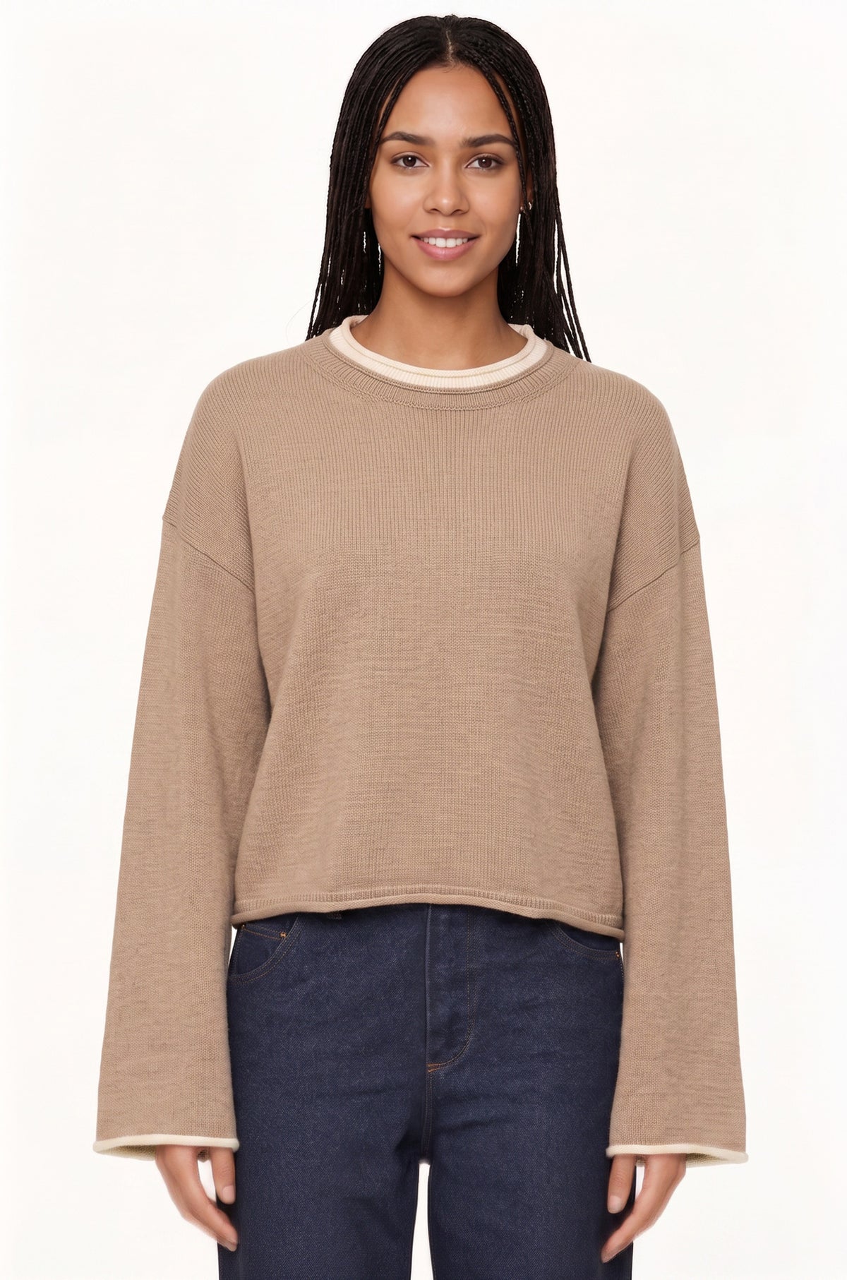 Women's Oversized Crewneck Contrast Trim Sweater