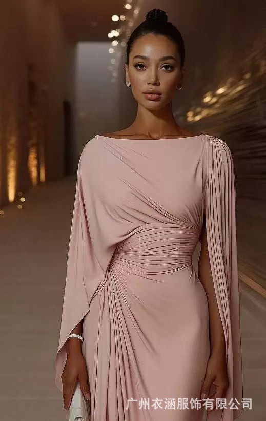 Women's Draped Ruched Batwing Sleeve Maxi Dress