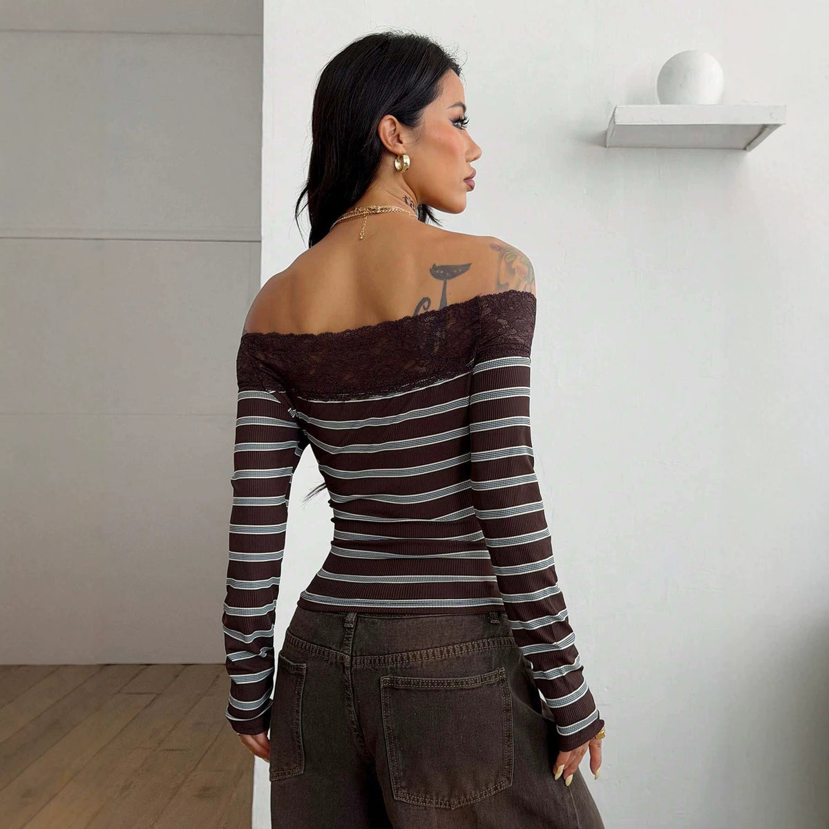 Y2K Lace Trim Off Shoulder Striped Long Sleeve Top