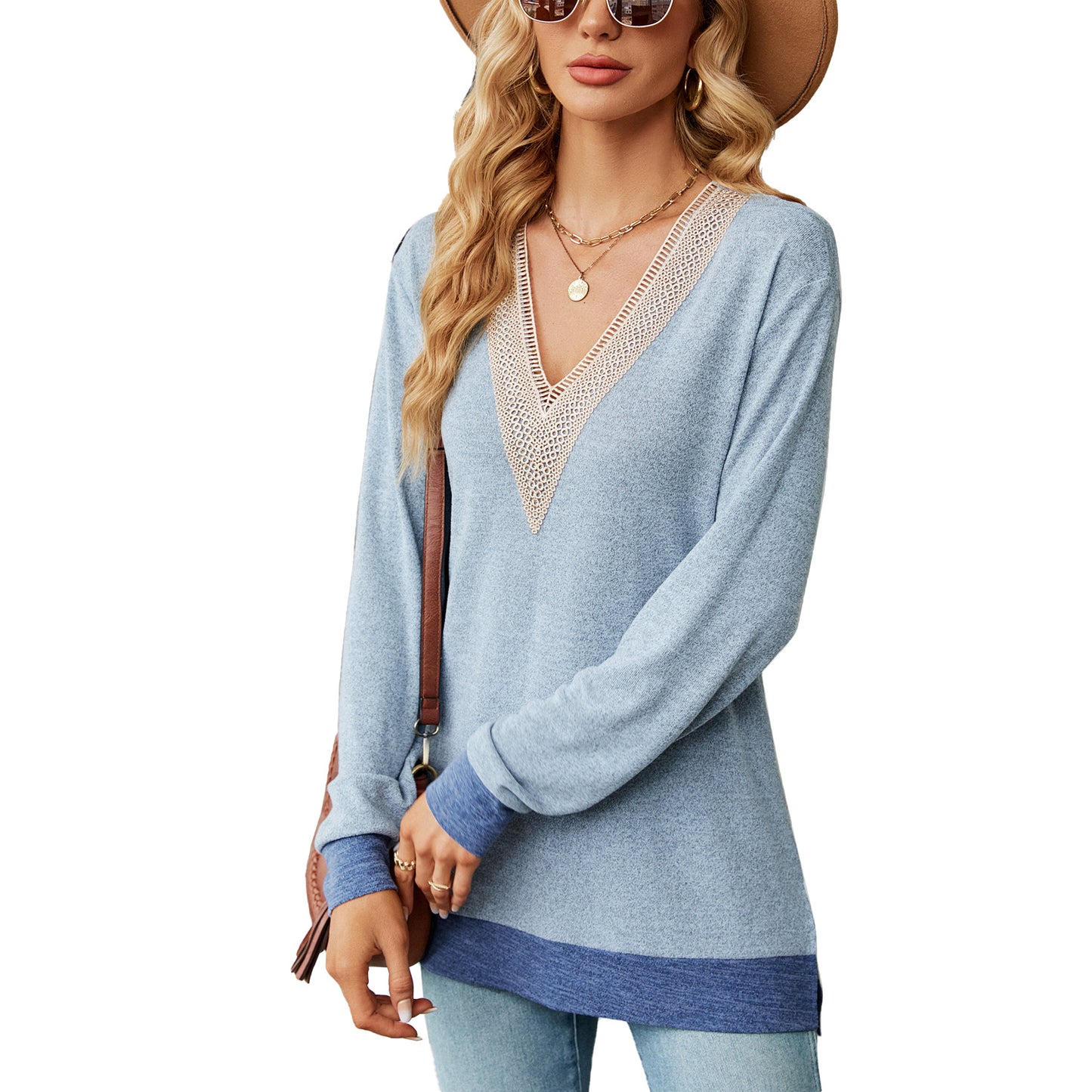 Lace V Neck Color Block Long Sleeve Tunic Top Side Split