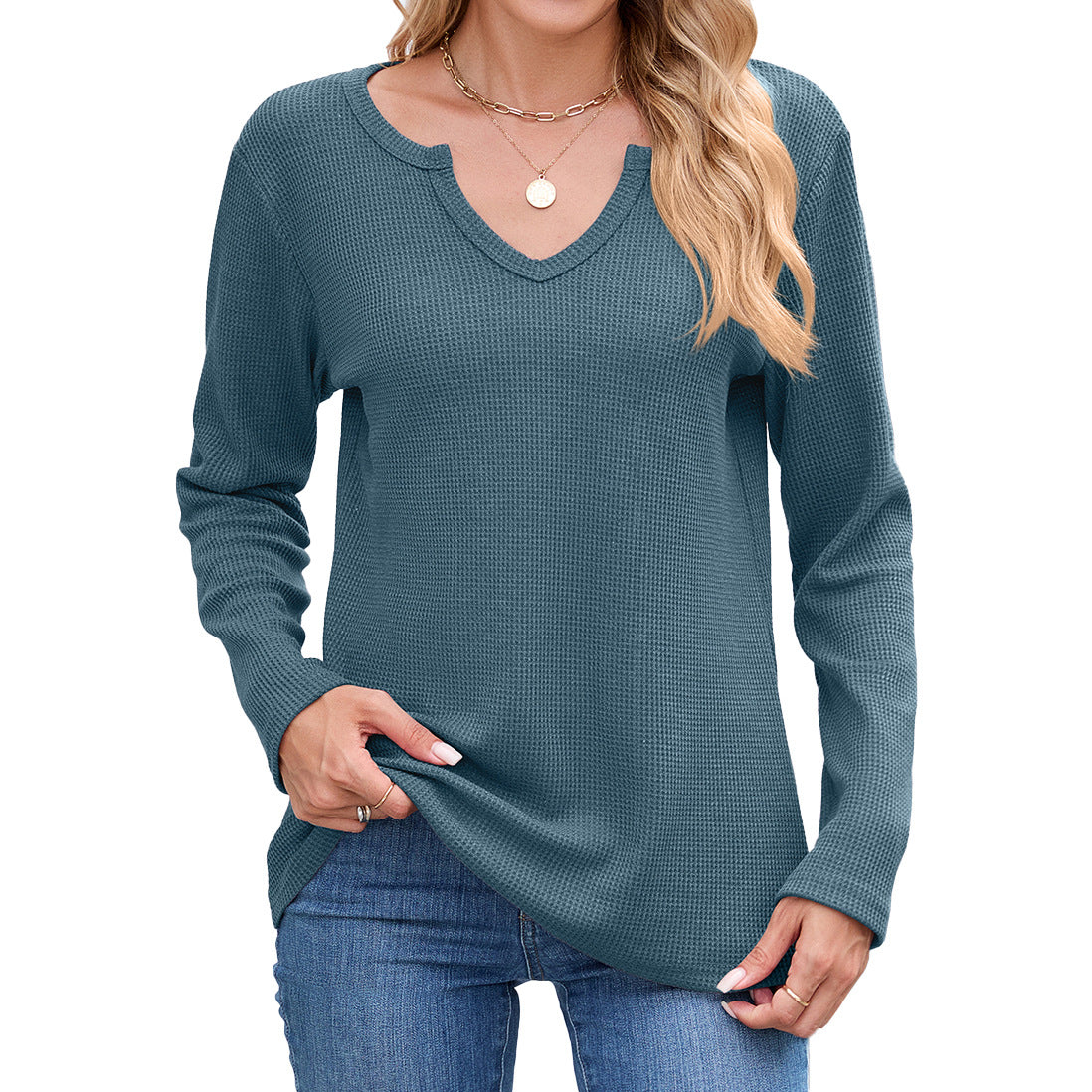 Women's Waffle Knit V Neck Long Sleeve Loose Top