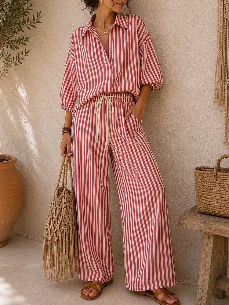 Striped Button Down Shirt & Wide Leg Pants Set
