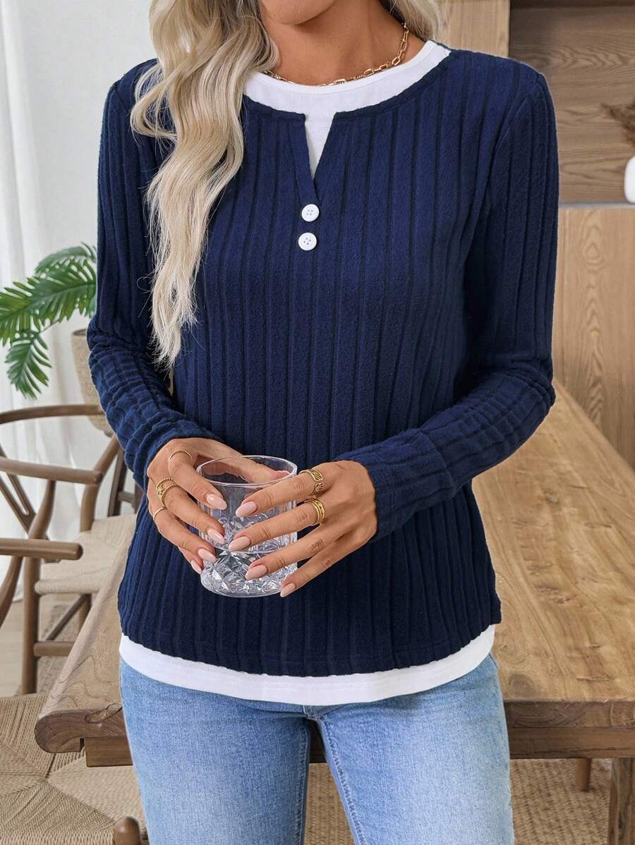Solid Brushed Knit Top Casual Ribbed Henley Tee