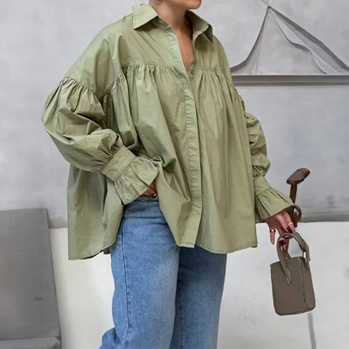 Solid Poplin Blouse Boutique Balloon Sleeve Oversized