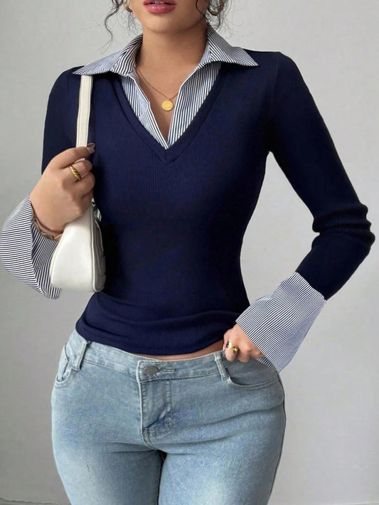 Office V Neck Layered Collared Knit Top Long Sleeve Tee