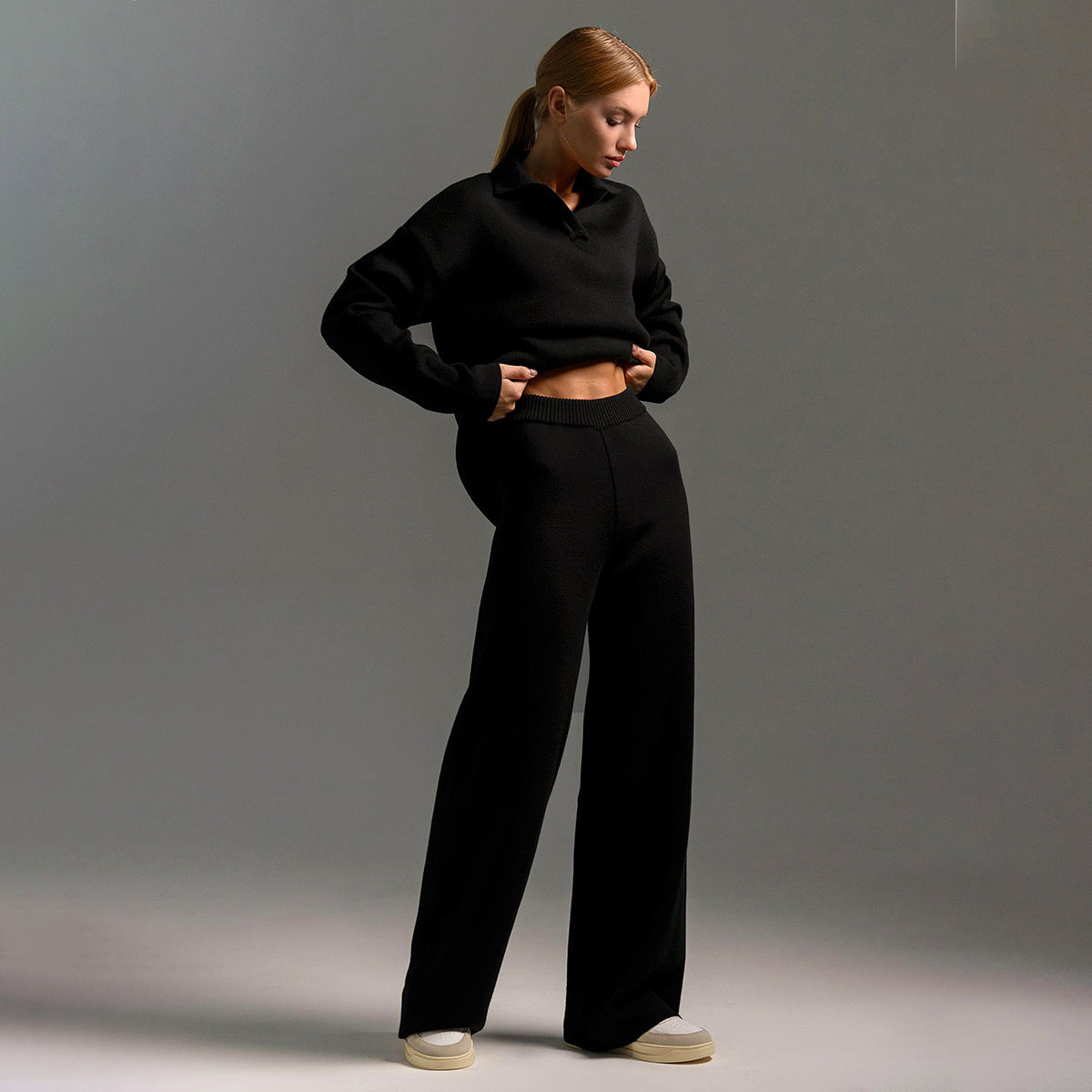 Polo Collar Knit Sweater Wide Leg Pants Set