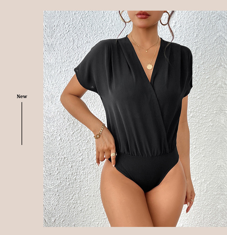 V Neck Wrap Bodysuit Short Sleeve Draped Fit Top