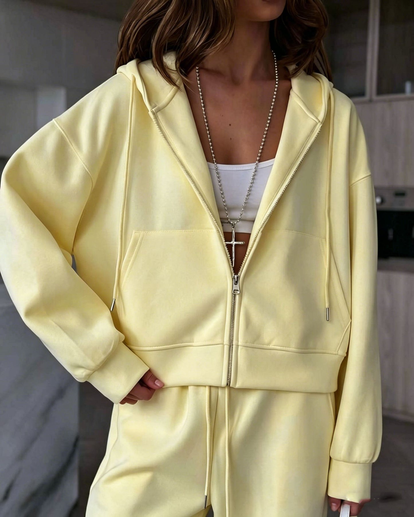 Two Piece Lounge Set with Zip-Up Hoodie & Wide-Leg Pants