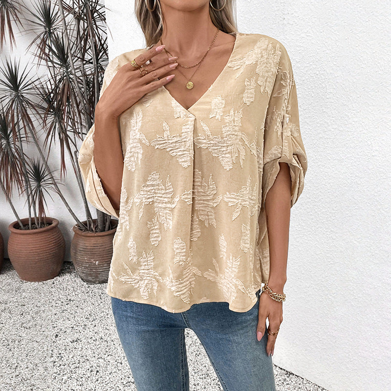 2025 Spring Summer Lace Jacquard Bat Sleeve Pullover Shirt