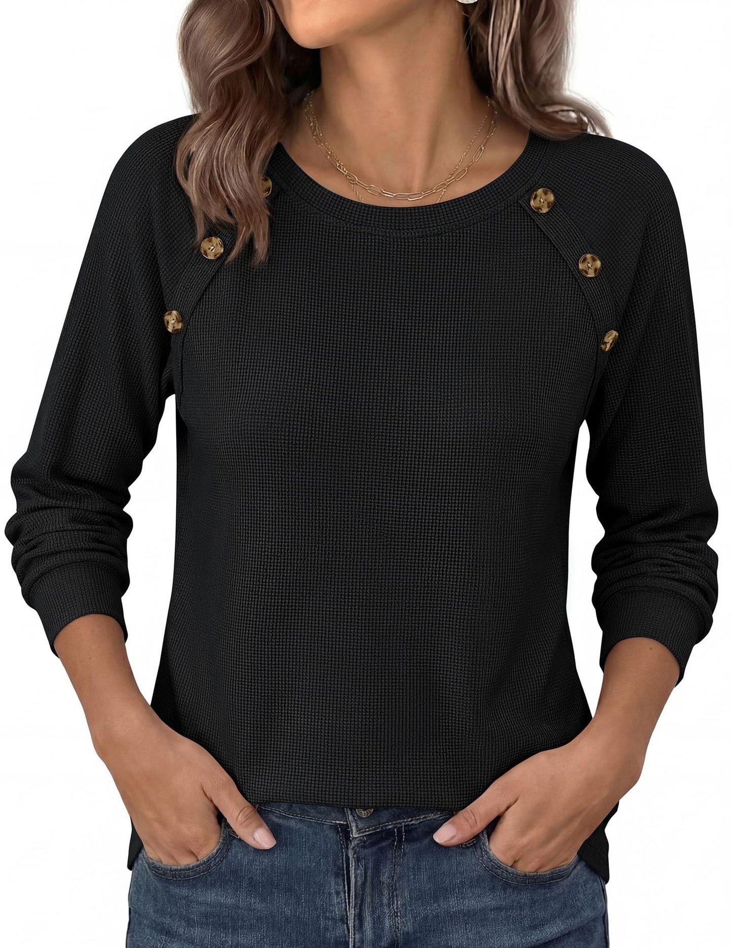 Waffle Knit Button Detail Top Long Sleeve Casual Pullover