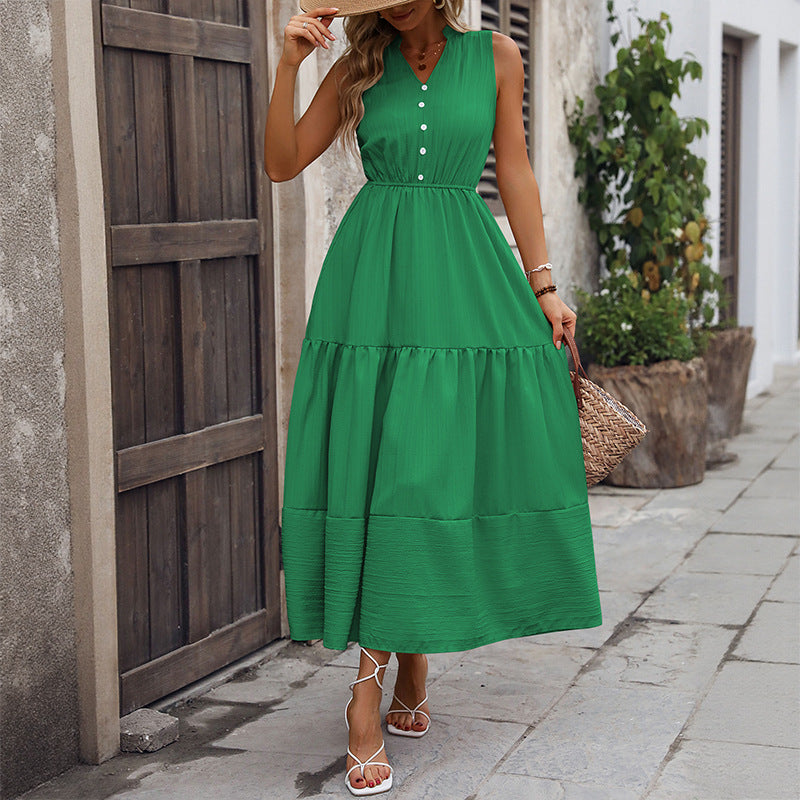 Sleeveless Solid Color A-Line Midi Dress with High Neck