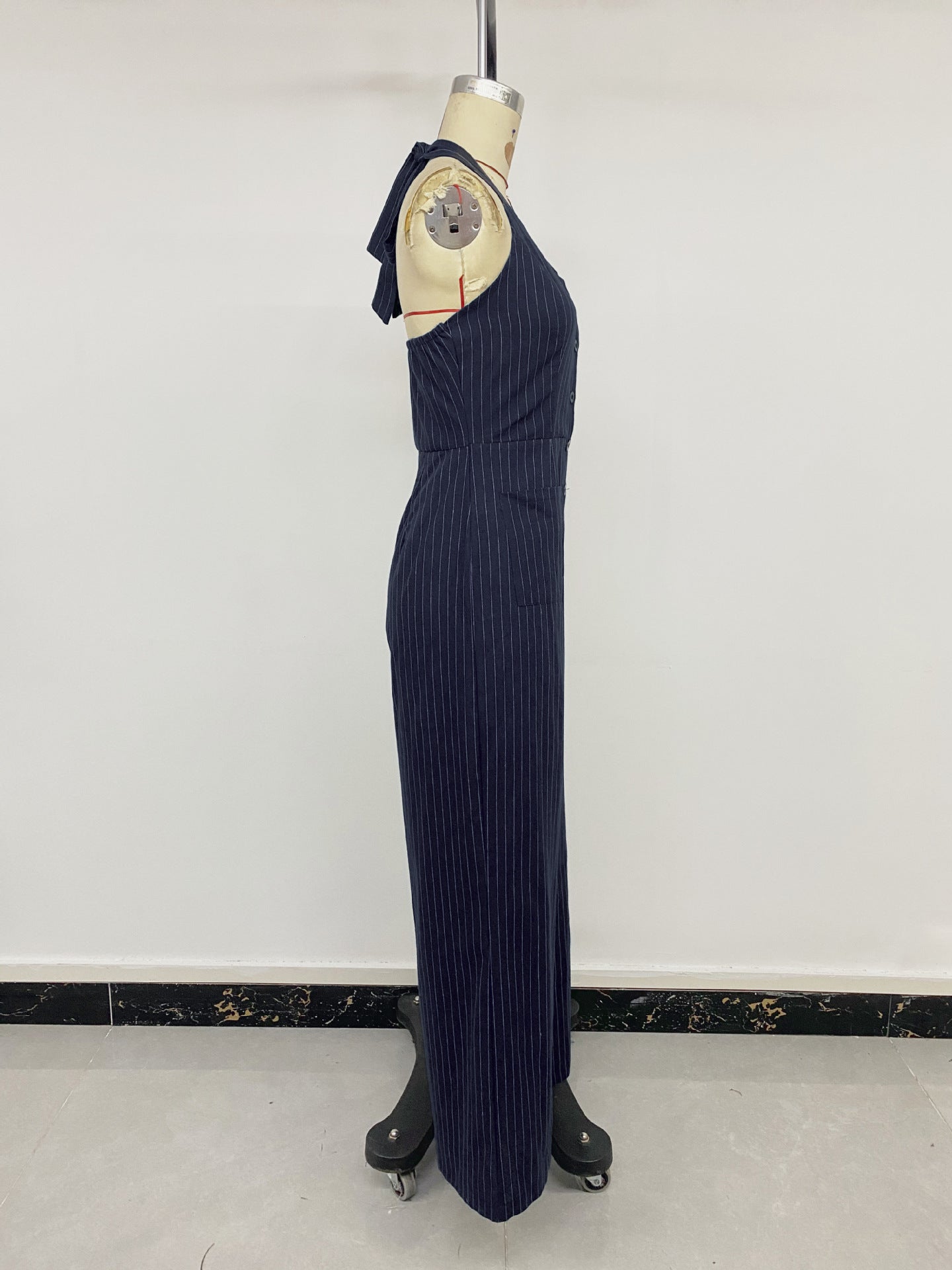 Pinstripe Woven Jumpsuit Workwear Halter Wide Leg