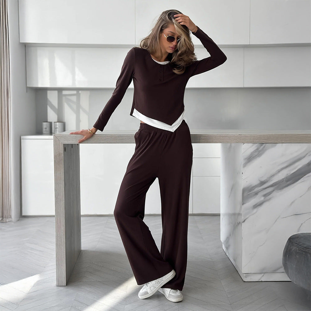 Layered-Look Henley Lounge Set with Wide Leg Pants
