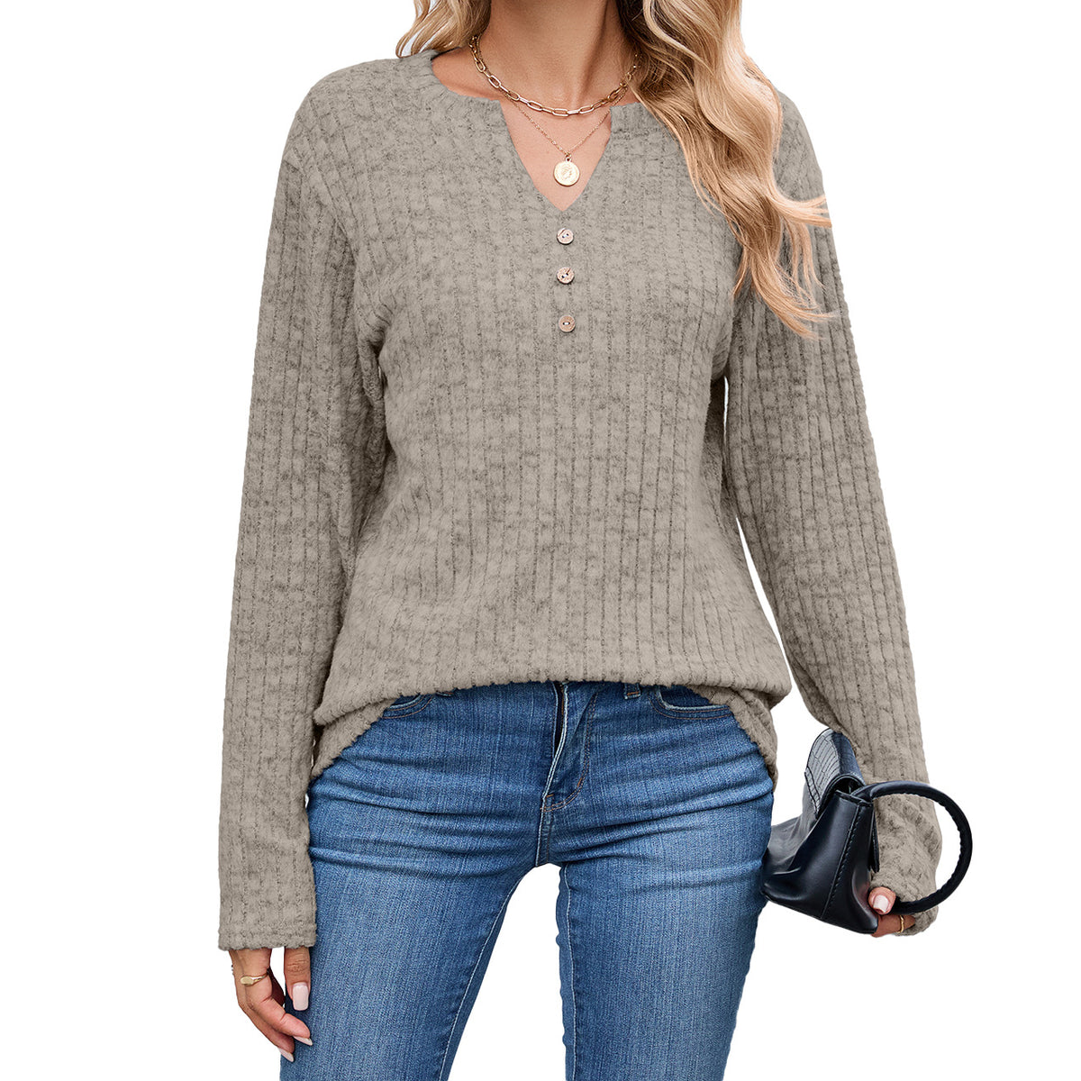 Women's Oversized V Neck Button Ribbed Long Sleeve Knit Top