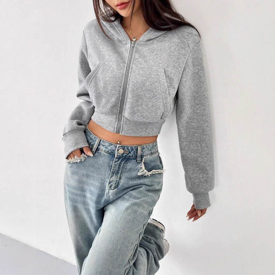 Trendy Cropped Zip Up Hoodie Long Sleeve Sweatshirt