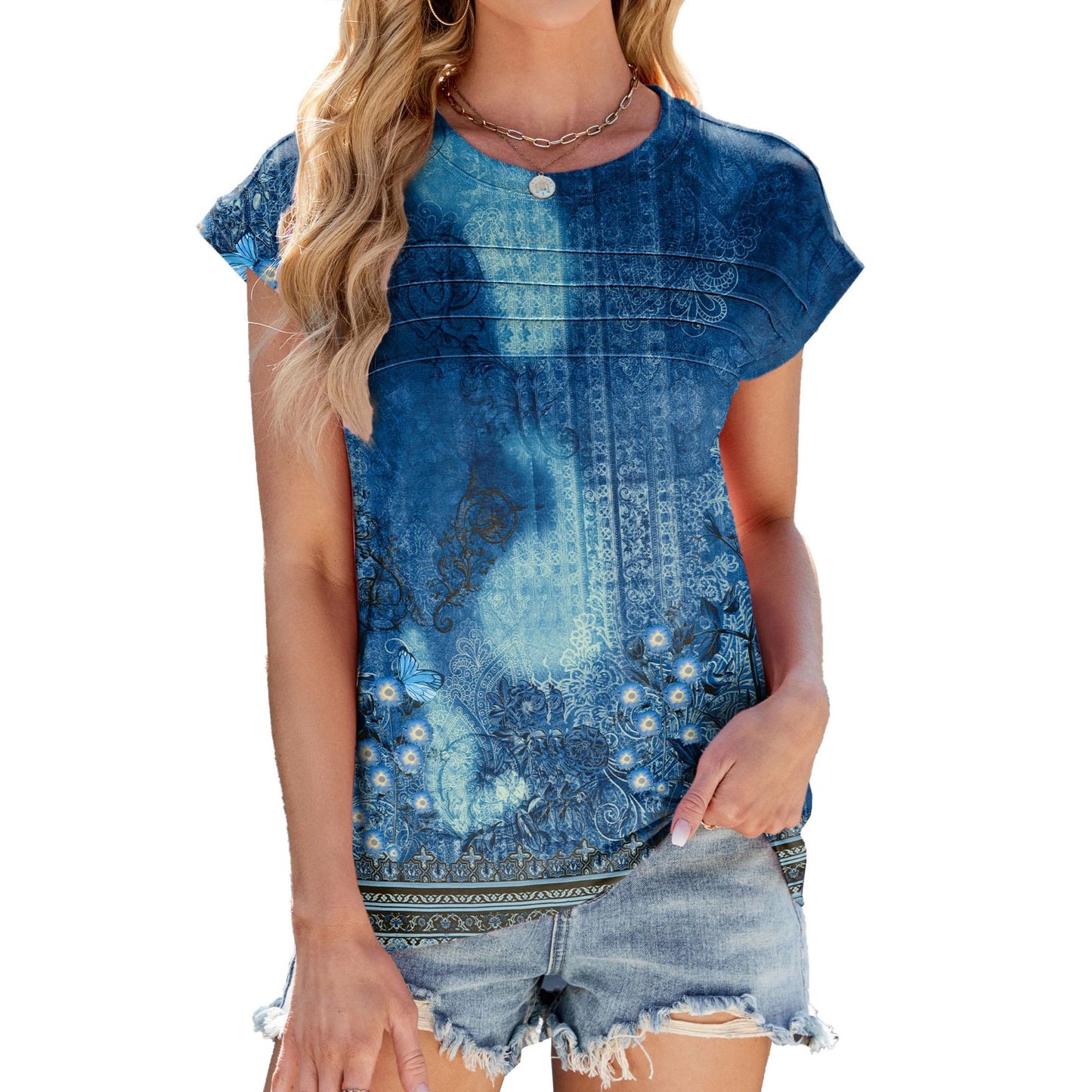 Printed Short Sleeve Round Neck Tee for Women