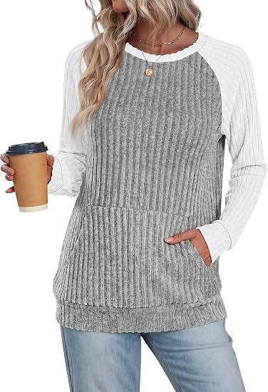 Ribbed Color Block Raglan Long Sleeve Pocket Tunic Top