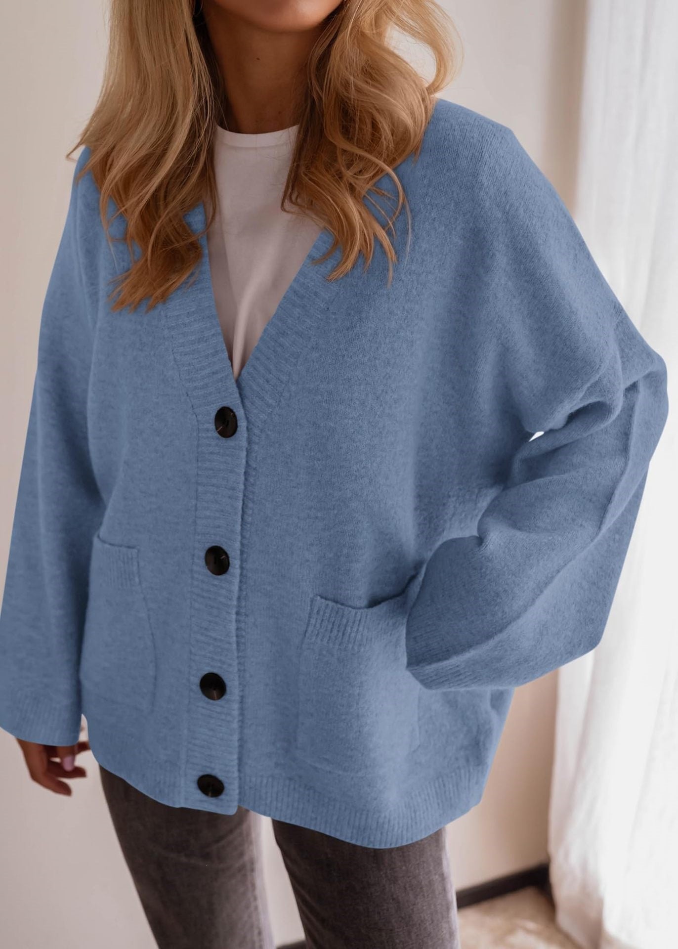 Solid Knit Cardigan Casual Oversized Pocket Button-Up