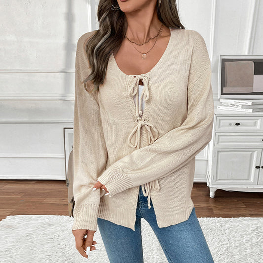Tie Front Knit Cardigan Loose Fit Round Neck Sweater