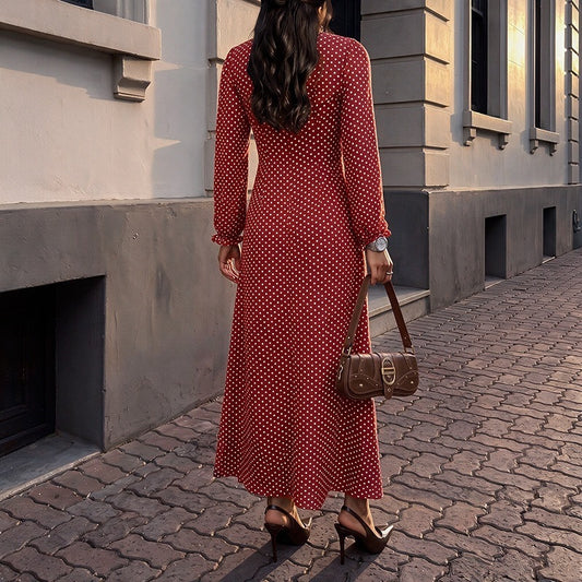 Red Polka Dot Square Neck Puff Sleeve Maxi Dress