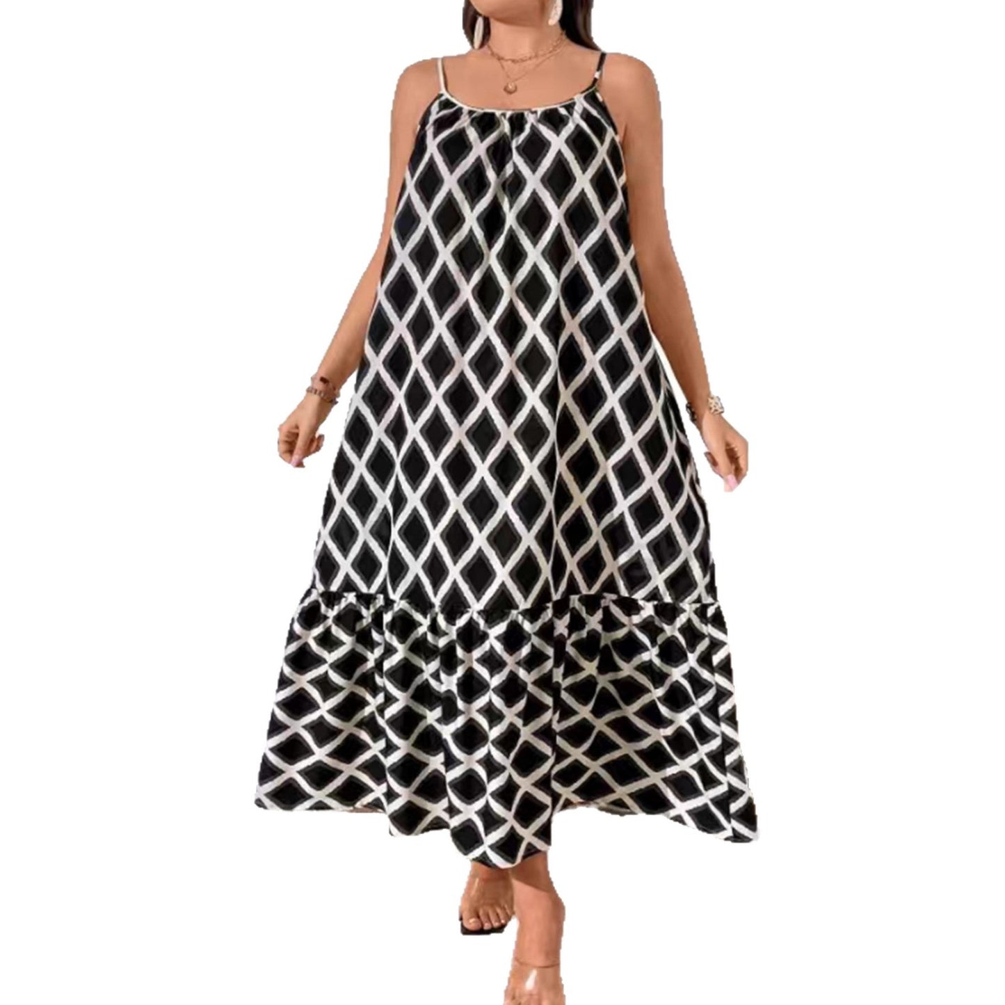 Plus Size Geometric Print Cami Maxi Dress Ruffle Hem