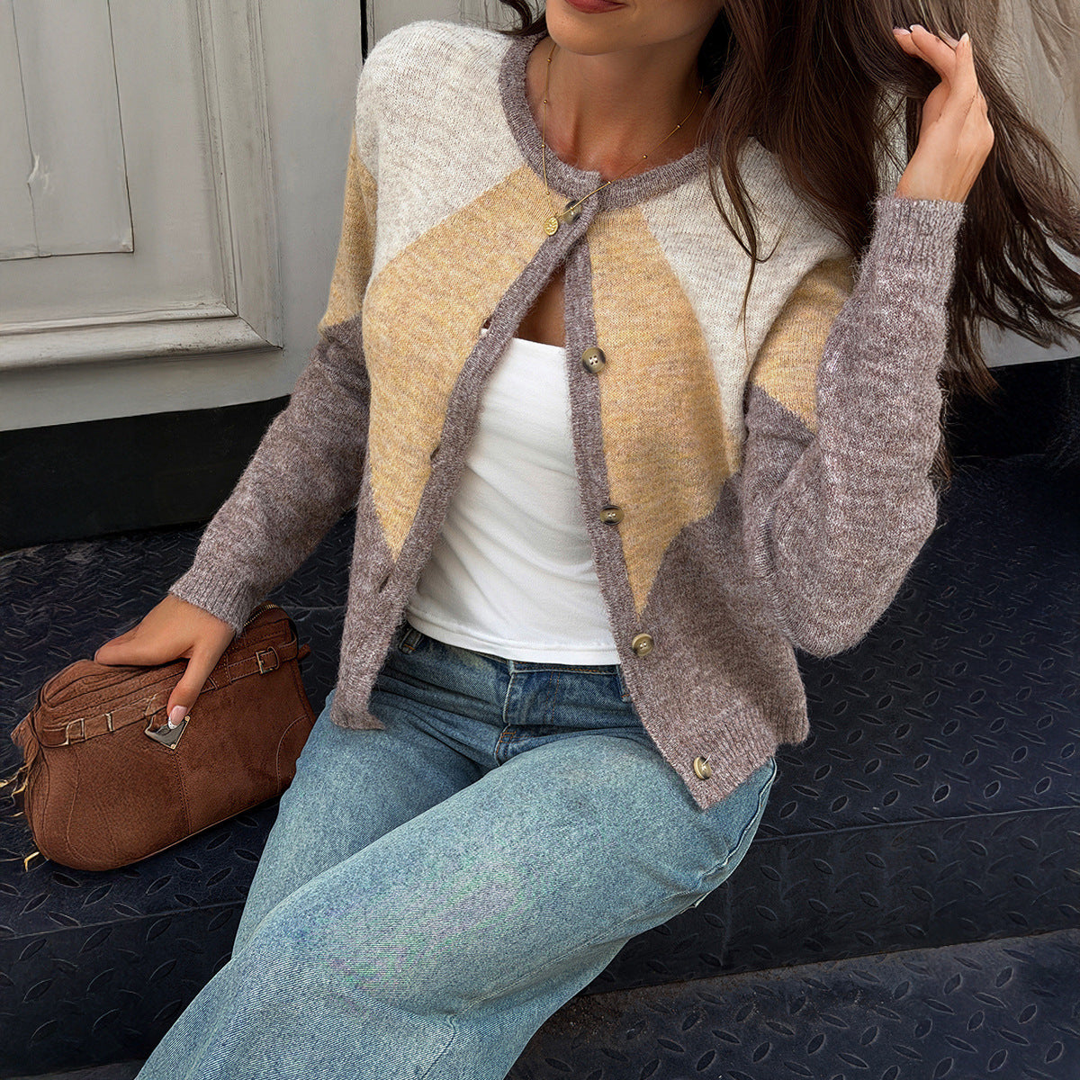 Colorblock Cropped Cardigan Button Front Knit Sweater
