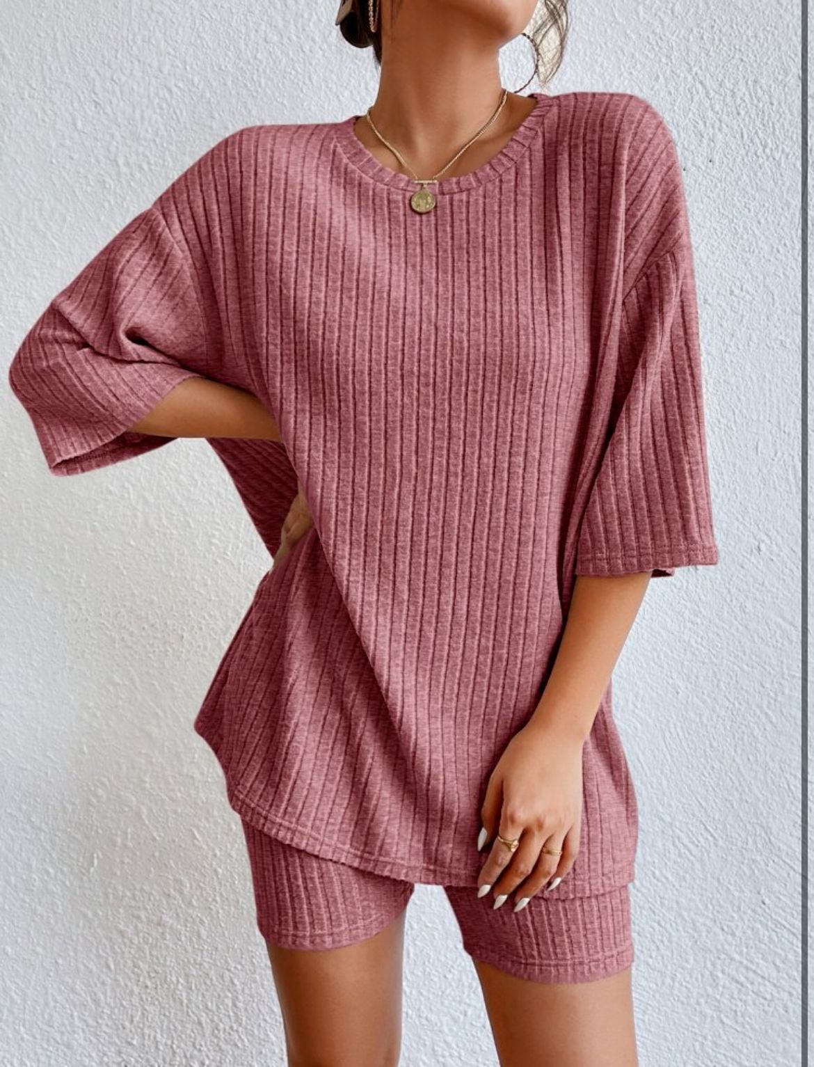 Ribbed Knit Two Piece Set Oversized Top & Biker Shorts