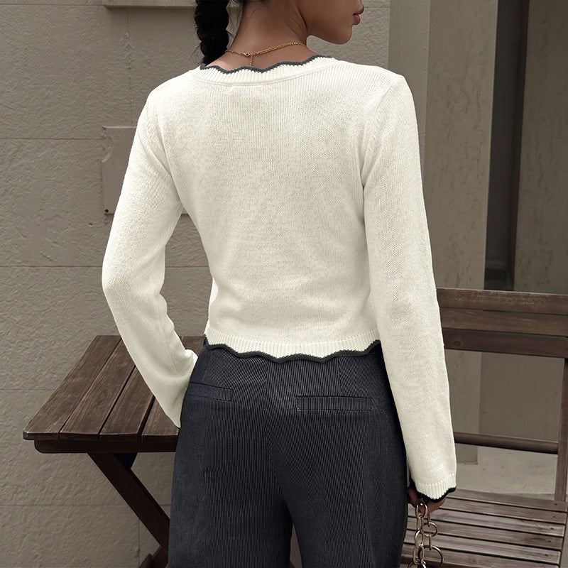 Contrast Trim V Neck Cropped Knit Sweater Long Sleeve Top