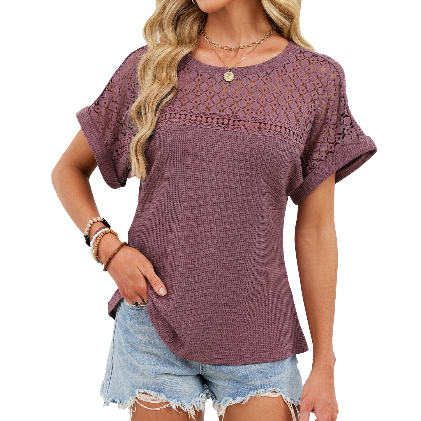 Lace Trim Relaxed Fit Short Sleeve T-Shirt for Women–Spring/Summer 2026